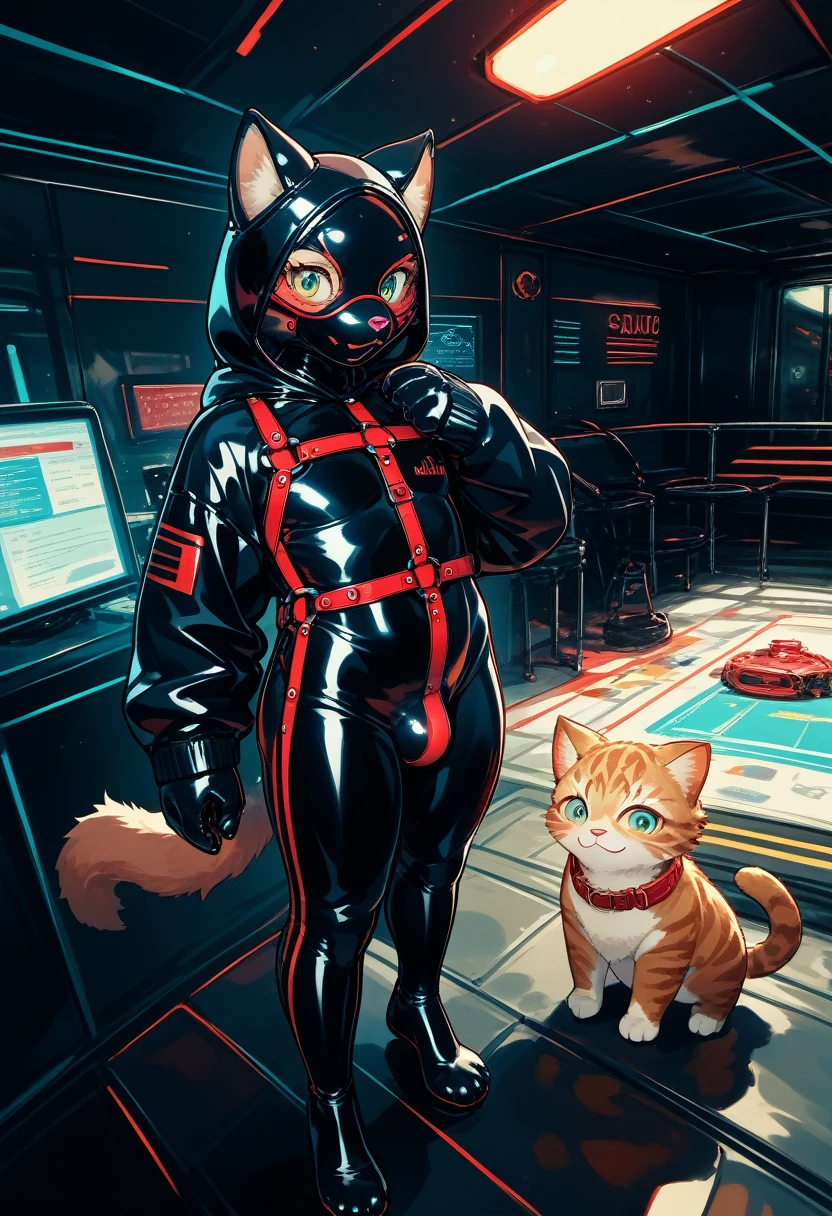 Highest quality, Highest quality, High quality illustrations, masterpiece, Ultra-high resolution, Detailed Background, Games Room, Absurd, Perfect Anatomy, performance, Good lighting, Shadows in the movies(kemono, Furry PersonifiCation), Cat, Dark Skin, Rubber suit, Rubber suit, latex, neon, neonライト, neonカラー, Rubber spats, Rubber Hoodie,  Rubber mask, Red harness, ribbon, Embarrassing, Null bulge, male, juvenile, from above
