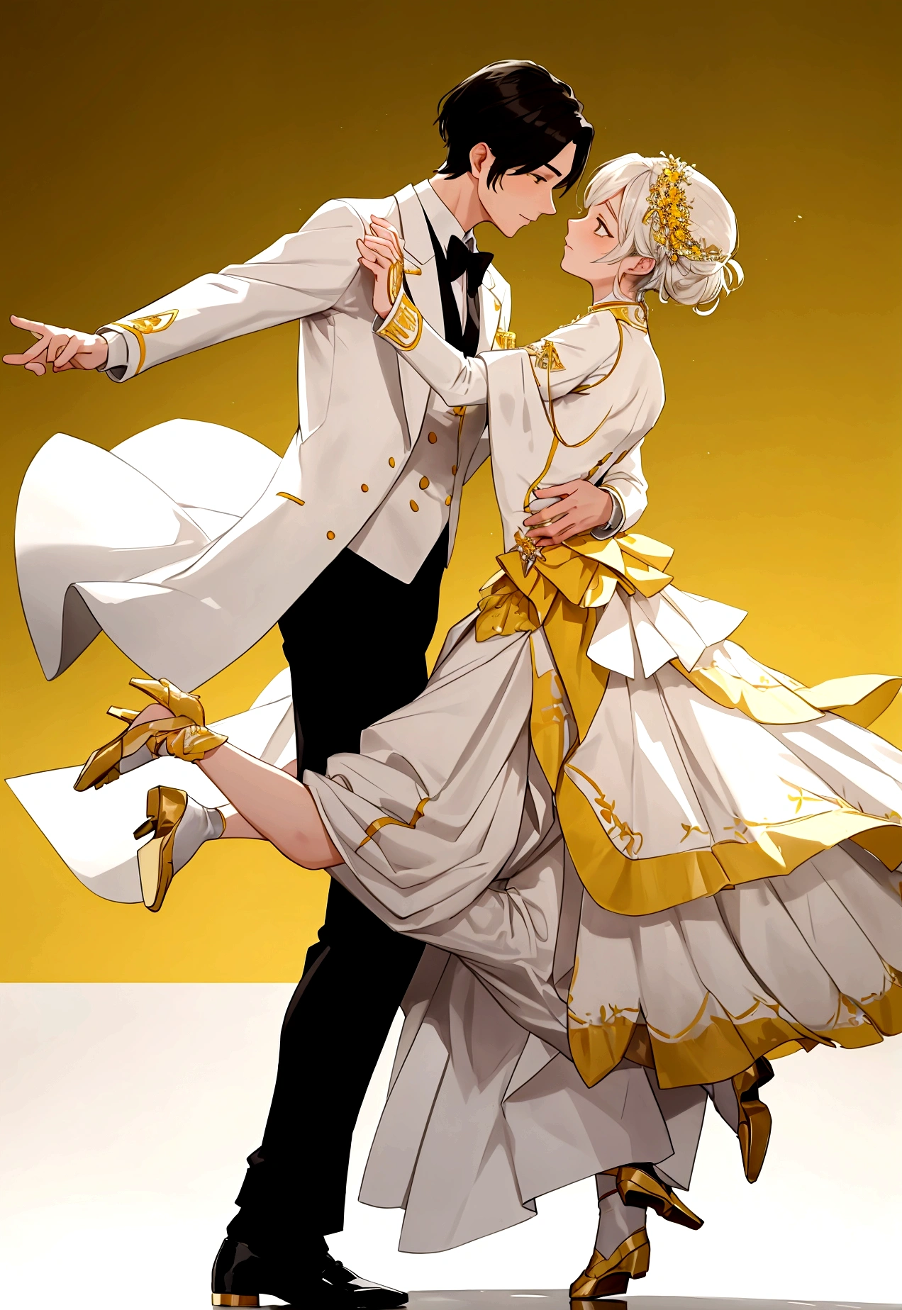 a man and a male in elegant white clothing, detailed yellow accents, full body, simple dancing waltz,
