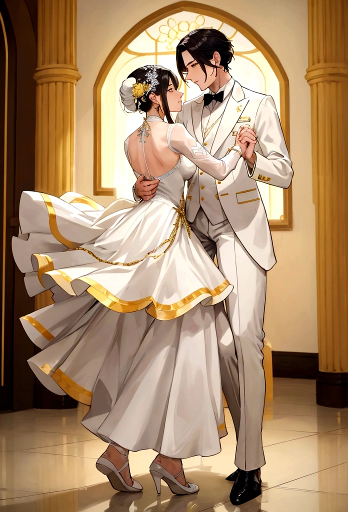 a man and a male in elegant white clothing, detailed yellow accents, full body, simple dancing waltz,