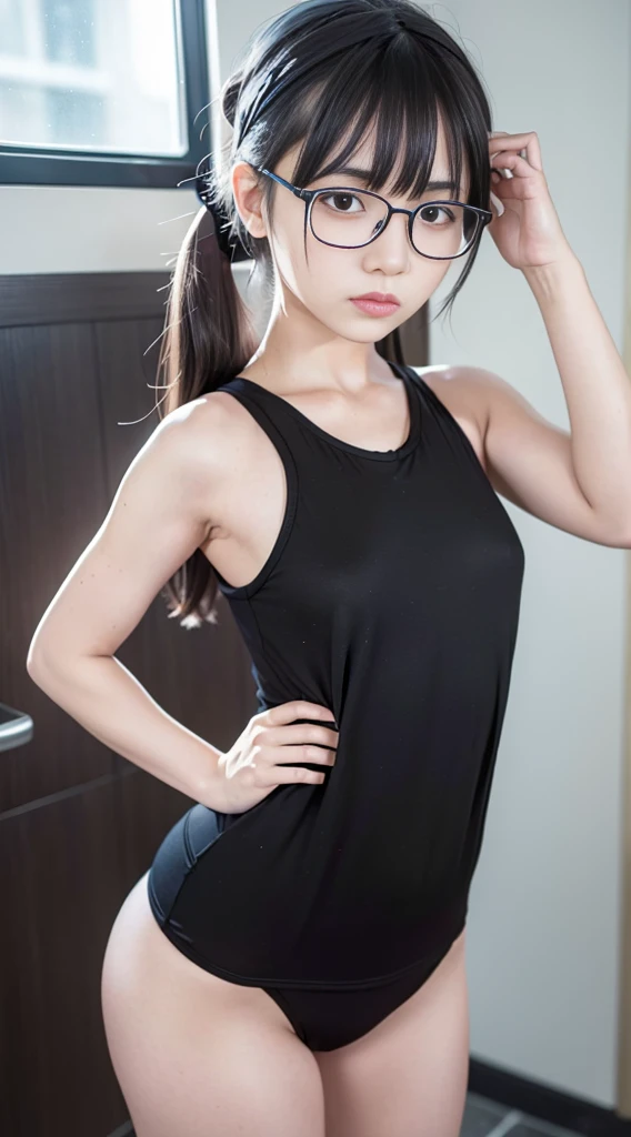 (masterpiece, Highest quality, It captures a very cute moment, Depth of written boundary, Super detailed, Ultra-high resolution, C4D, Octadale, 3D Modeling,Realistic human photos、 8K, 16K, One Girl,Middle school students, Small breasts,Black Hair,short hair,Straight Hair,Light brown eyes,White headband,Wearing black glasses,Cute face), Bloomers, Black tank top, zettai ryouiki, Wet clothes,Classroom Nights,Moonlight, Good elevator, Take off、Real-life skin、Not an anime、Realistic、Not an illustration
