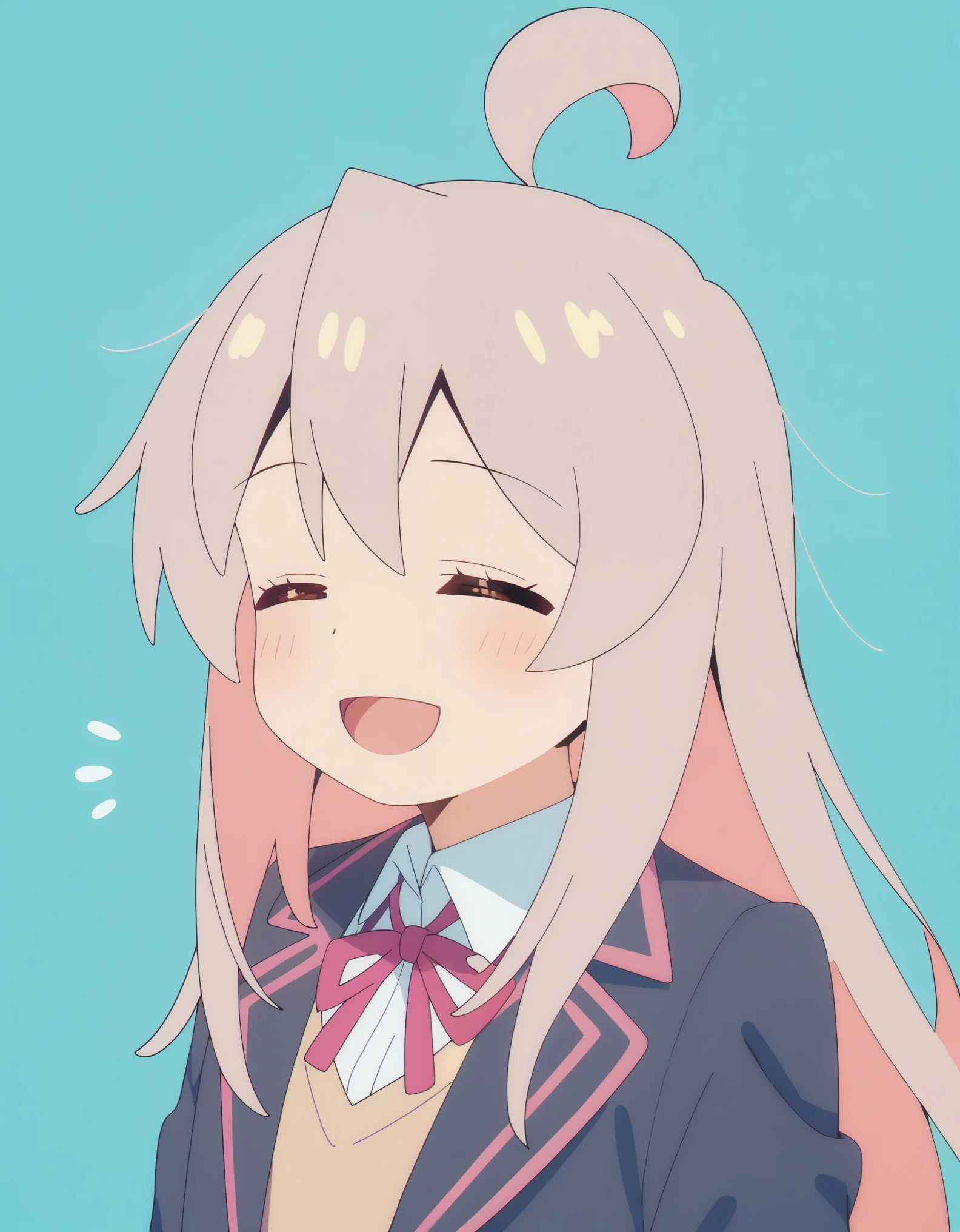 score_9, score_8_up, score_7_up, source_anime,oyama mahiro, long hair, pinkish-gray hair, brown eyes, 1girl, solo, closed eyes, ahoge, jacket, open mouth, , shirt, ribbon, blush, smile, blazer