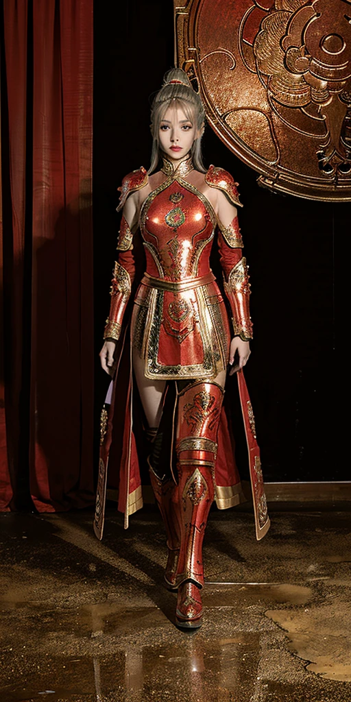 Reality, high resolution, Soft Light,1 female,Full body portrait, Solitary, Shiny skin, (Delicate face), Chinese armor, Red color,Lotus flower pattern on the armor,