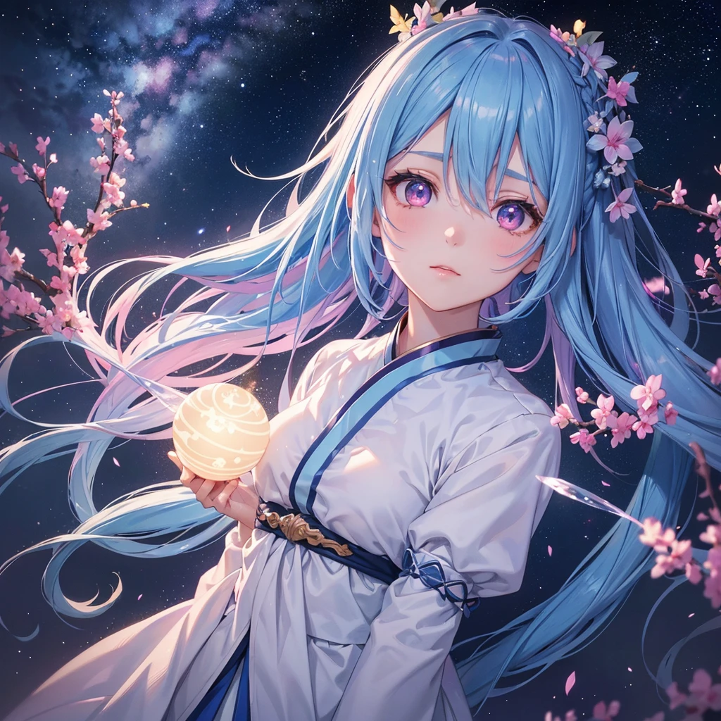 Sky blue hair,braid,(Pink Eyes),Fair skin ,(whole body),(One girl),Hanfu,Tanabata,(The beautiful, sparkling Milky Way in the night sky),Lonely Eyes,,(masterpiece, Highest quality, Very detailed, Best Shadow), (Detailed Background), (Beautifully detailed face), High Contrast, (Best lighting, Very delicate and beautiful), ((Cinematic Light)), colorful, Hyper Detail, Dramatic Light, Intricate details,