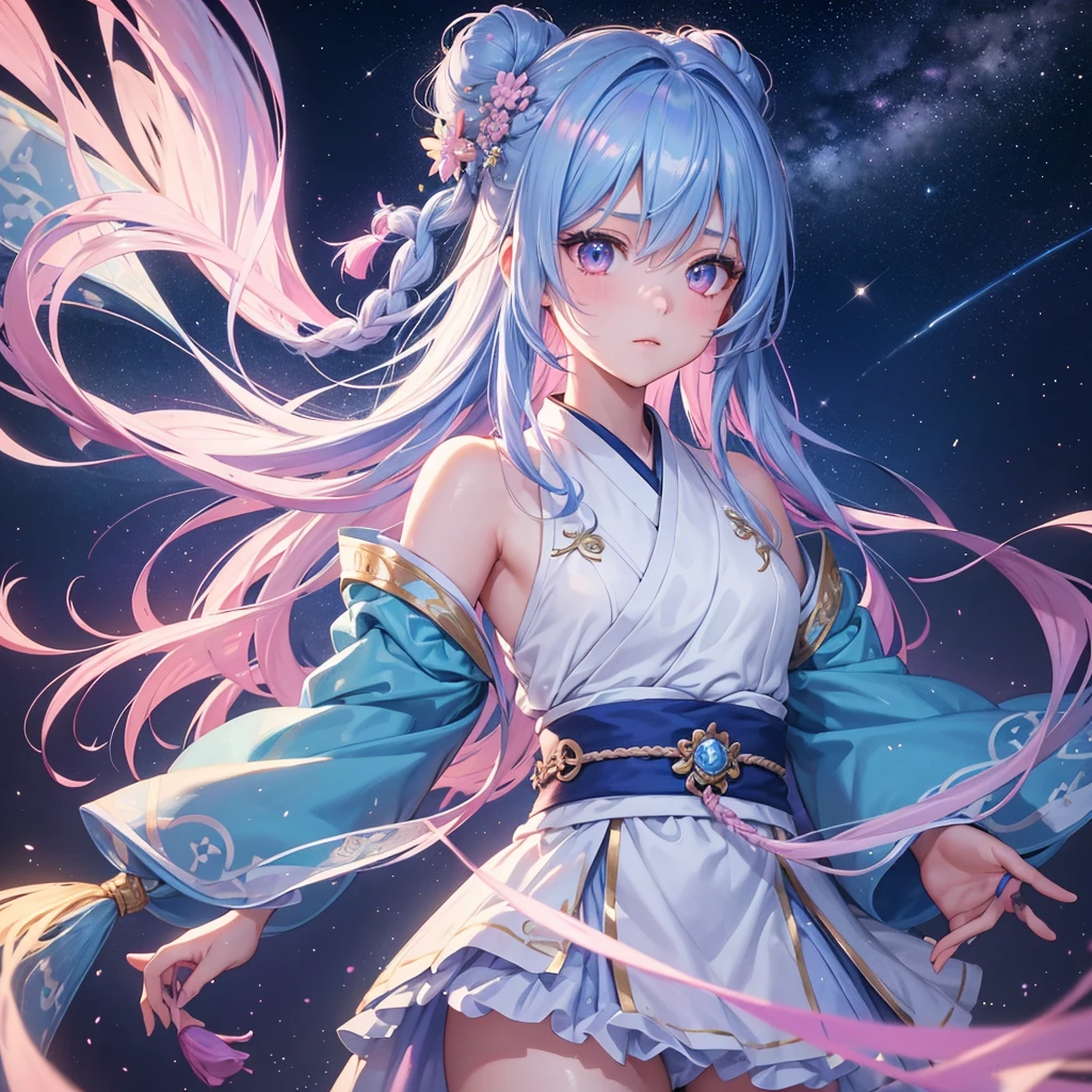 Sky blue hair,braid,(Pink Eyes),Fair skin ,(whole body),(One girl),Hanfu,Tanabata,(The beautiful, sparkling Milky Way in the night sky),Lonely Eyes,,(masterpiece, Highest quality, Very detailed, Best Shadow), (Detailed Background), (Beautifully detailed face), High Contrast, (Best lighting, Very delicate and beautiful), ((Cinematic Light)), colorful, Hyper Detail, Dramatic Light, Intricate details,