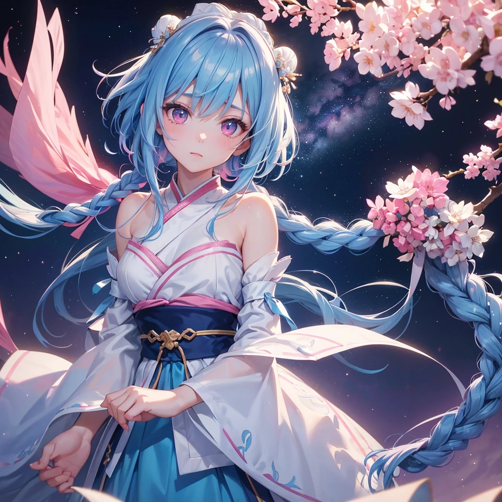 Sky blue hair,braid,(Pink Eyes),Fair skin ,(whole body),(One girl),Hanfu,Tanabata,(The beautiful, sparkling Milky Way in the night sky),Lonely Eyes,,(masterpiece, Highest quality, Very detailed, Best Shadow), (Detailed Background), (Beautifully detailed face), High Contrast, (Best lighting, Very delicate and beautiful), ((Cinematic Light)), colorful, Hyper Detail, Dramatic Light, Intricate details,
