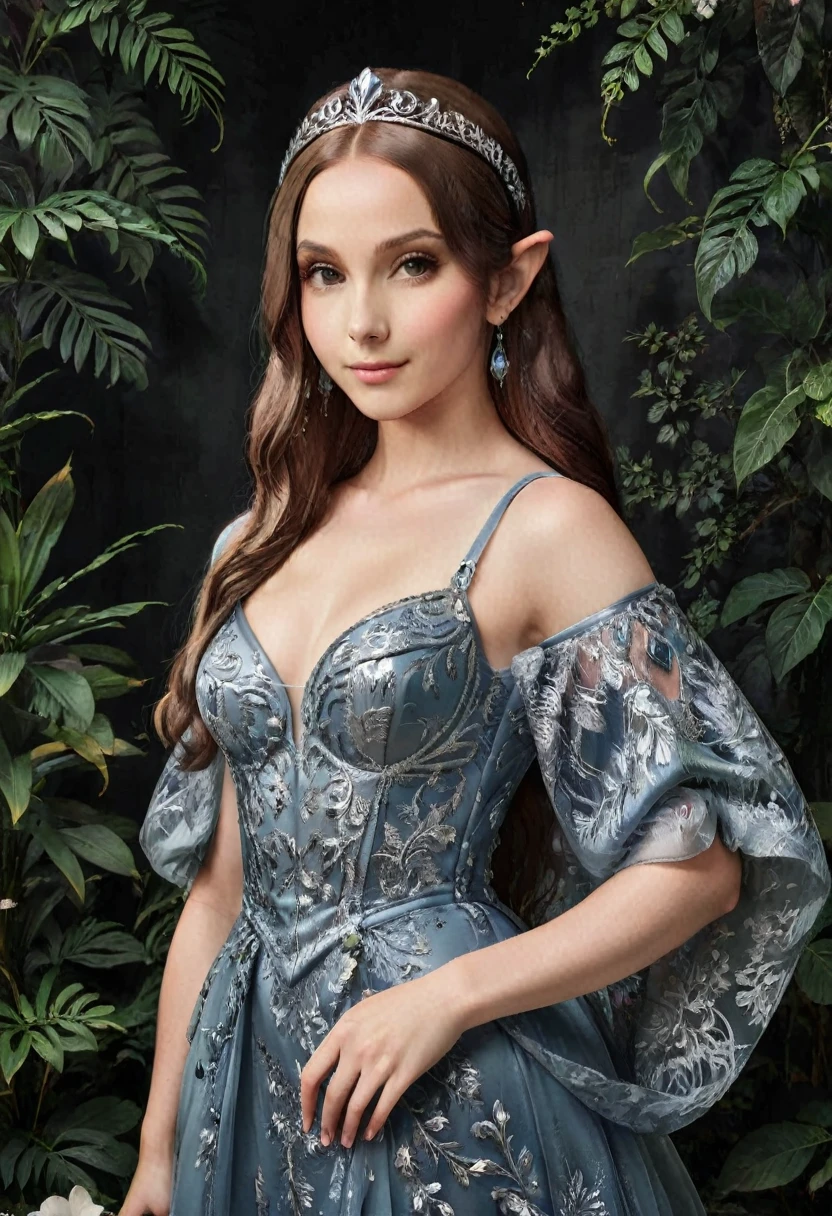 a masterful portrait done by Leonardo De Vinci of Princess Zelda, ((anatomically correct: 1.5)), wearing intricate glamour elven dress,  elven forest background background, Ultra-high resolution, High Contrast, (masterpiece:1.5), highest quality, Best aesthetics), best details, best quality, highres, 16k, [ultra detailed], masterpiece, best quality, (extremely detailed), chumbasket art style, dvnc, evening dress