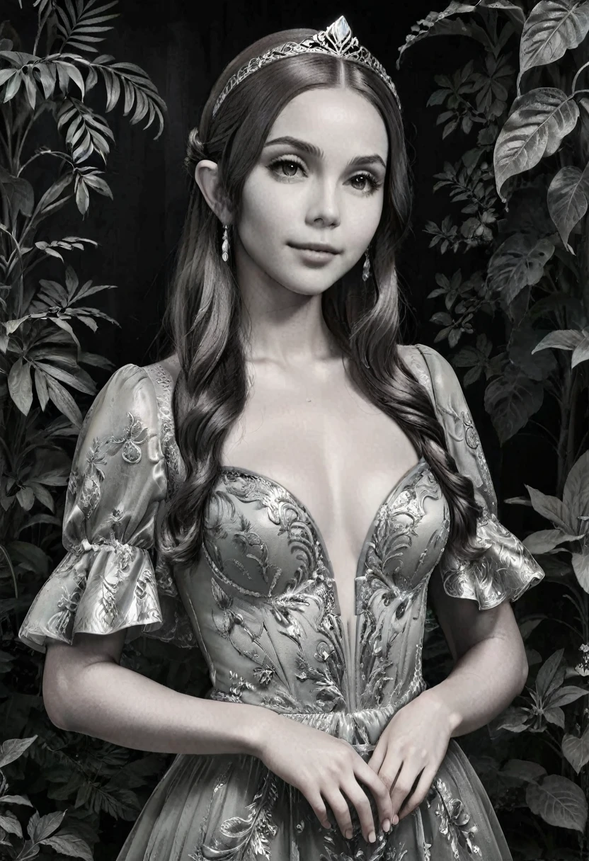 a masterful portrait done by Leonardo De Vinci of Princess Zelda, ((anatomically correct: 1.5)), wearing intricate glamour elven dress,  elven forest background background, Ultra-high resolution, High Contrast, (masterpiece:1.5), highest quality, Best aesthetics), best details, best quality, highres, 16k, [ultra detailed], masterpiece, best quality, (extremely detailed), chumbasket art style, dvnc, evening dress