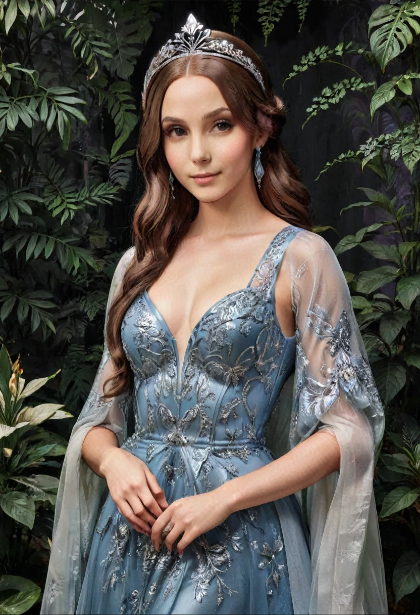 a masterful portrait done by Leonardo De Vinci of Princess Zelda, ((anatomically correct: 1.5)), wearing intricate glamour elven dress,  elven forest background background, Ultra-high resolution, High Contrast, (masterpiece:1.5), highest quality, Best aesthetics), best details, best quality, highres, 16k, [ultra detailed], masterpiece, best quality, (extremely detailed), chumbasket art style, dvnc, evening dress