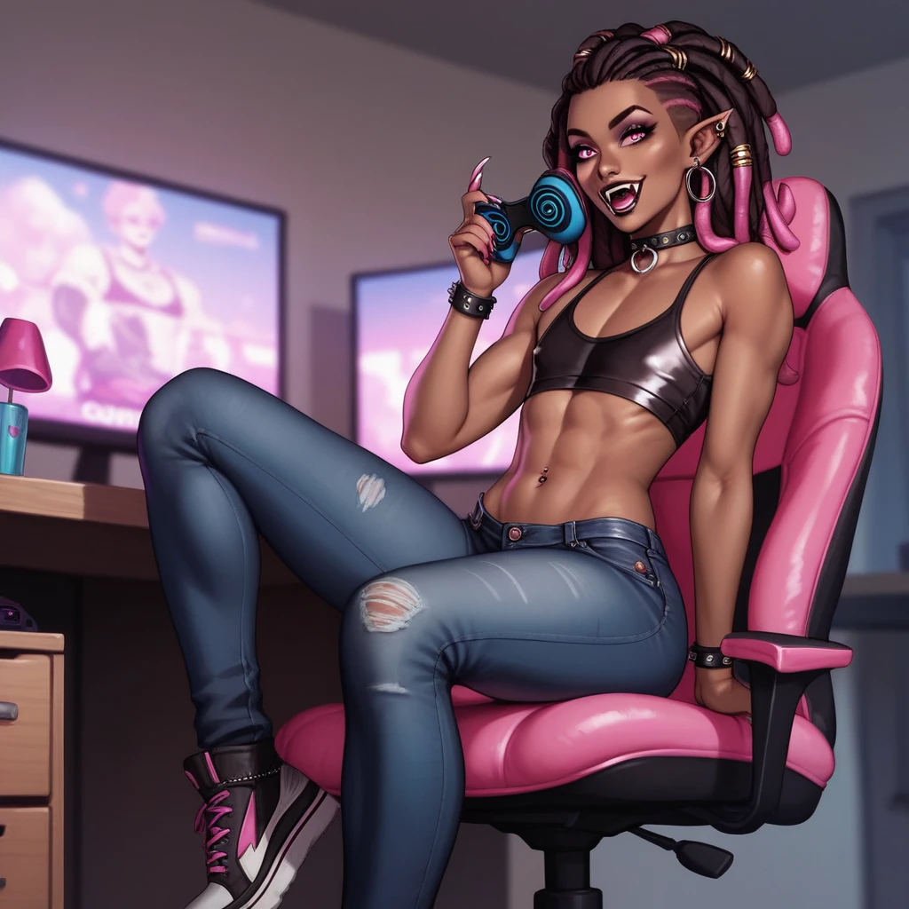 Best quality, highly detailed, ultra detailed, 1 brown skin boy, flat chest, male chest, slim curvy body, long pink dreadlocks, pink dreadlocks, pink eyes, vampire, pointy ears, fangs, sharp nails, black lipgloss, goth, wearing black croptop, black tight jeans, big butt, sitting in gamer chair, gamer desk, gamer bedroom