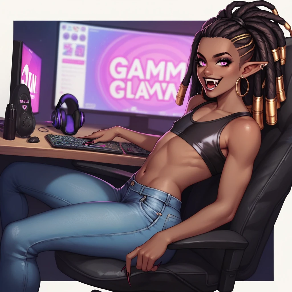 Best quality, highly detailed, ultra detailed, 1 brown skin boy, flat chest, male chest, slim curvy body, long pink dreadlocks, pink dreadlocks, pink eyes, vampire, pointy ears, fangs, sharp nails, black lipgloss, goth, wearing black croptop, black tight jeans, big butt, sitting in gamer chair, gamer desk, gamer bedroom