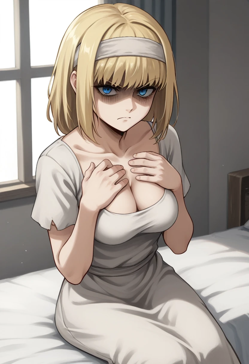 score_9, score_8_up, score_7_up, ymir fritz,1girl, solo, hairband, blonde hair, bangs, medium hair,shaded face,white dress, short sleeves, room, , medium breasts, ,sitting, bed, angry, from adove, blue eyes, cleavage, breasts, looking at viewer, breasts focus, hands on own breasts, bouncing breasts, seductive smile