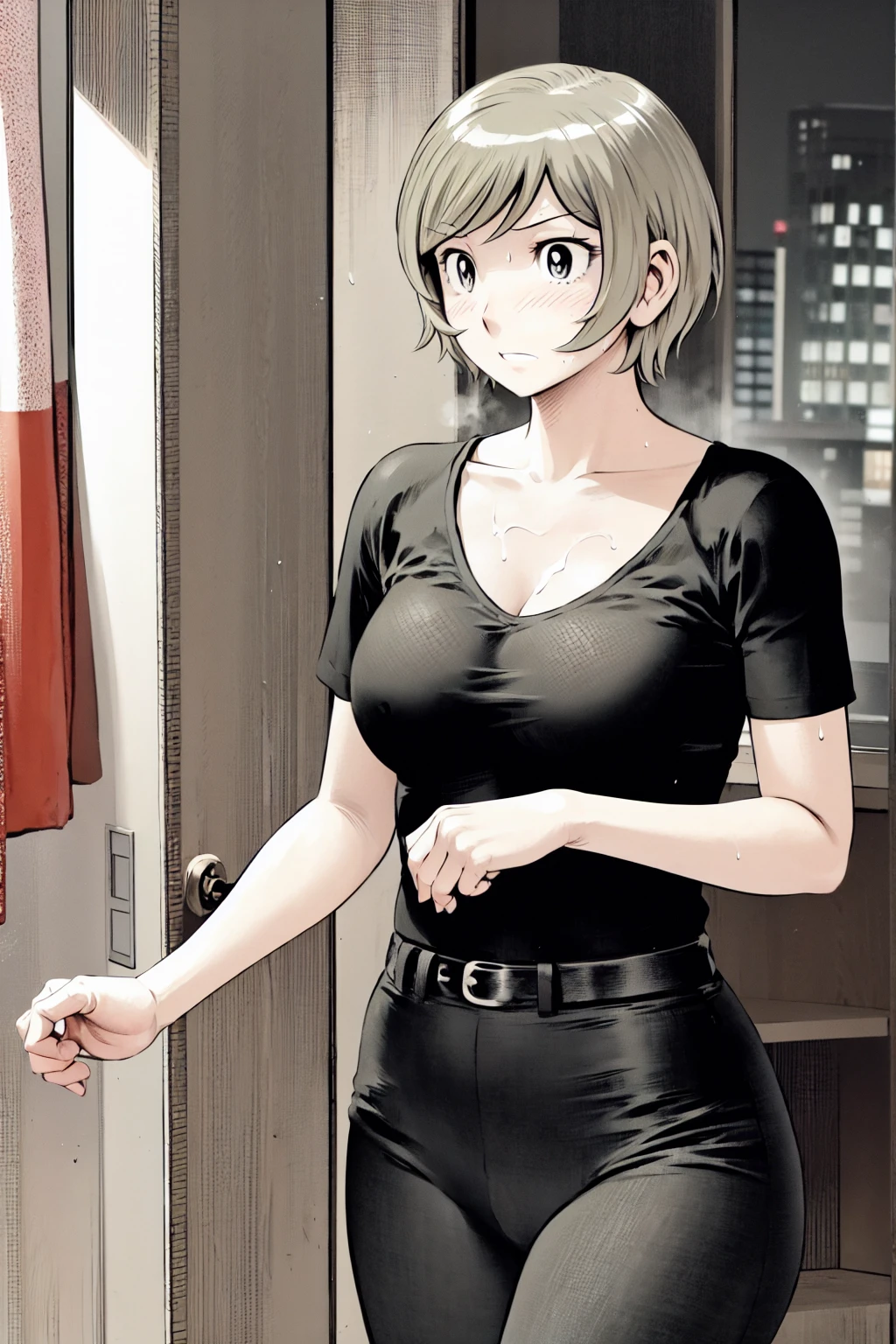 、(masterpiece、Highest quality)、Highest quality, Ultra-high resolution, (((masterpiece))), alone, Sweat、Big eyes,Tight black shirt、Tight white pants、belt、indoor、Composition from the front、(Cut the back hair short、short hair、blonde、woman)、Shortcuts、Embarrassed face、Cut your hair short、可愛いwomanの子、Big Breasts、office