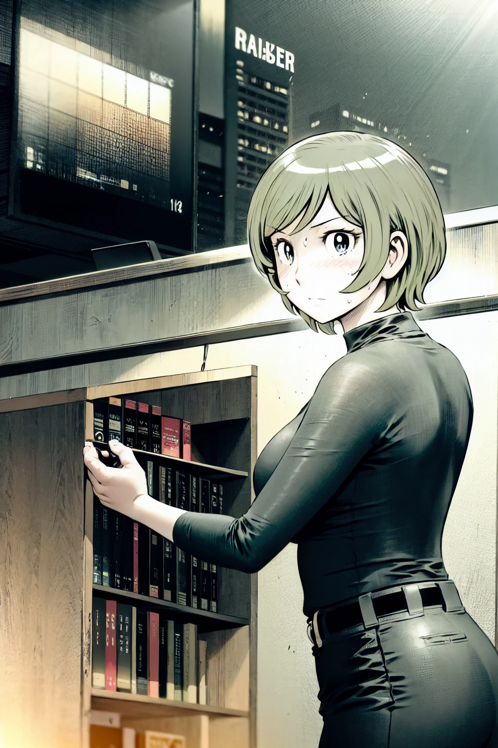 、(masterpiece、Highest quality)、Highest quality, Ultra-high resolution, (((masterpiece))), alone, Sweat、Big eyes,Tight black shirt、Tight white pants、belt、indoor、Composition from the front、(Cut the back hair short、short hair、blonde、woman)、Shortcuts、Embarrassed face、Cut your hair short、可愛いwomanの子、Big Breasts、office