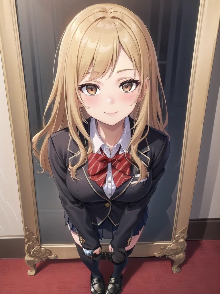 ((masterpiece)),(best quality),official art,extremely delicate and beautiful,extremely detailed CG,unity 8k wallpaper,ultra detailed,beautiful detailed eyes,extremely detailed face,on the bed,1girl,solo,full body,(portrait:1.5),looking at viewer,facing viewer,smile,Kuhouin Arisa,long wavy blond hair,sidelocks,parted bangs,brown eyes,female underwear,blazer,black jacket,wing collar,red bowtie,white shirt,collared shirt,long sleeves,large breasts,buttons,miniskirt,black skirt,pleated skirt,black thighhighs,loafers,black footwear,Big breasts,nude,Get naked,see breasts,obscene,fullbody