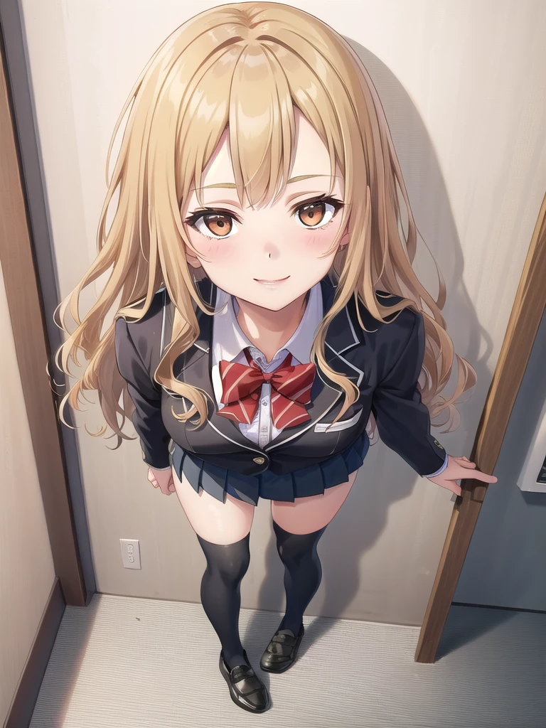 ((masterpiece)),(best quality),official art,extremely delicate and beautiful,extremely detailed CG,unity 8k wallpaper,ultra detailed,beautiful detailed eyes,extremely detailed face,on the bed,1girl,solo,full body,(portrait:1.5),looking at viewer,facing viewer,smile,Kuhouin Arisa,long wavy blond hair,sidelocks,parted bangs,brown eyes,female underwear,blazer,black jacket,wing collar,red bowtie,white shirt,collared shirt,long sleeves,large breasts,buttons,miniskirt,black skirt,pleated skirt,black thighhighs,loafers,black footwear,Big breasts,nude,Get naked,see breasts,obscene,fullbody