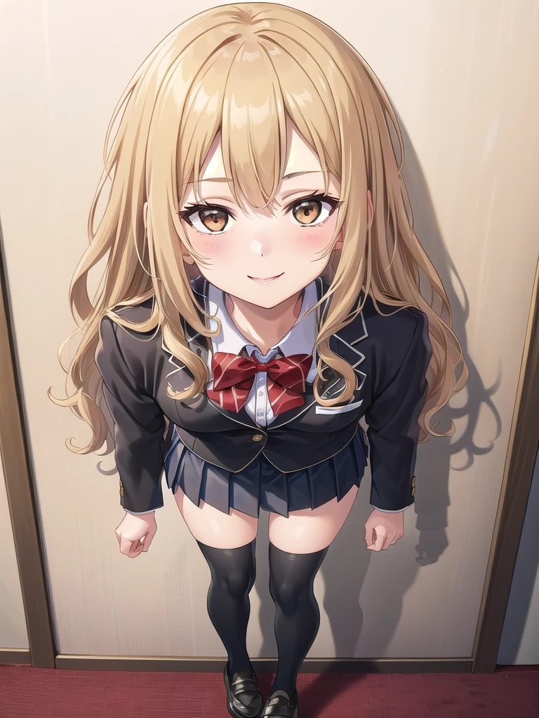 ((masterpiece)),(best quality),official art,extremely delicate and beautiful,extremely detailed CG,unity 8k wallpaper,ultra detailed,beautiful detailed eyes,extremely detailed face,on the bed,1girl,solo,full body,(portrait:1.5),looking at viewer,facing viewer,smile,Kuhouin Arisa,long wavy blond hair,sidelocks,parted bangs,brown eyes,female underwear,blazer,black jacket,wing collar,red bowtie,white shirt,collared shirt,long sleeves,large breasts,buttons,miniskirt,black skirt,pleated skirt,black thighhighs,loafers,black footwear,Big breasts,nude,Get naked,see breasts,obscene,fullbody