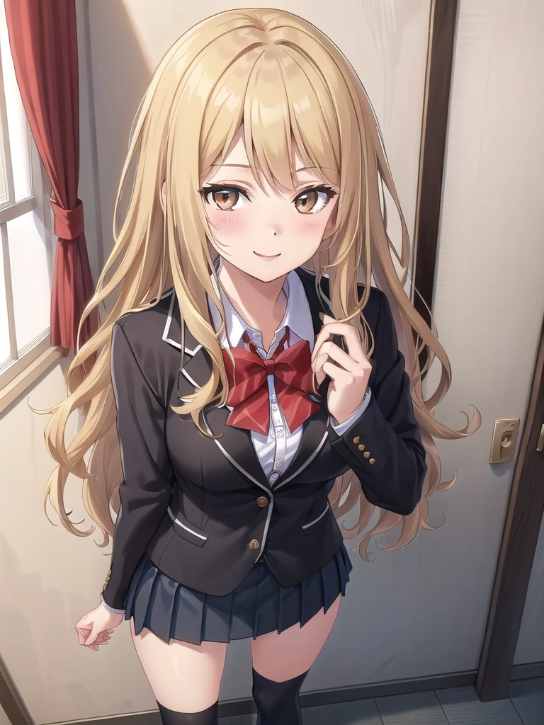 ((masterpiece)),(best quality),official art,extremely delicate and beautiful,extremely detailed CG,unity 8k wallpaper,ultra detailed,beautiful detailed eyes,extremely detailed face,on the bed,1girl,solo,full body,(portrait:1.5),looking at viewer,facing viewer,smile,Kuhouin Arisa,long wavy blond hair,sidelocks,parted bangs,brown eyes,female underwear,blazer,black jacket,wing collar,red bowtie,white shirt,collared shirt,long sleeves,large breasts,buttons,miniskirt,black skirt,pleated skirt,black thighhighs,loafers,black footwear,Big breasts,nude,Get naked,see breasts,obscene,fullbody