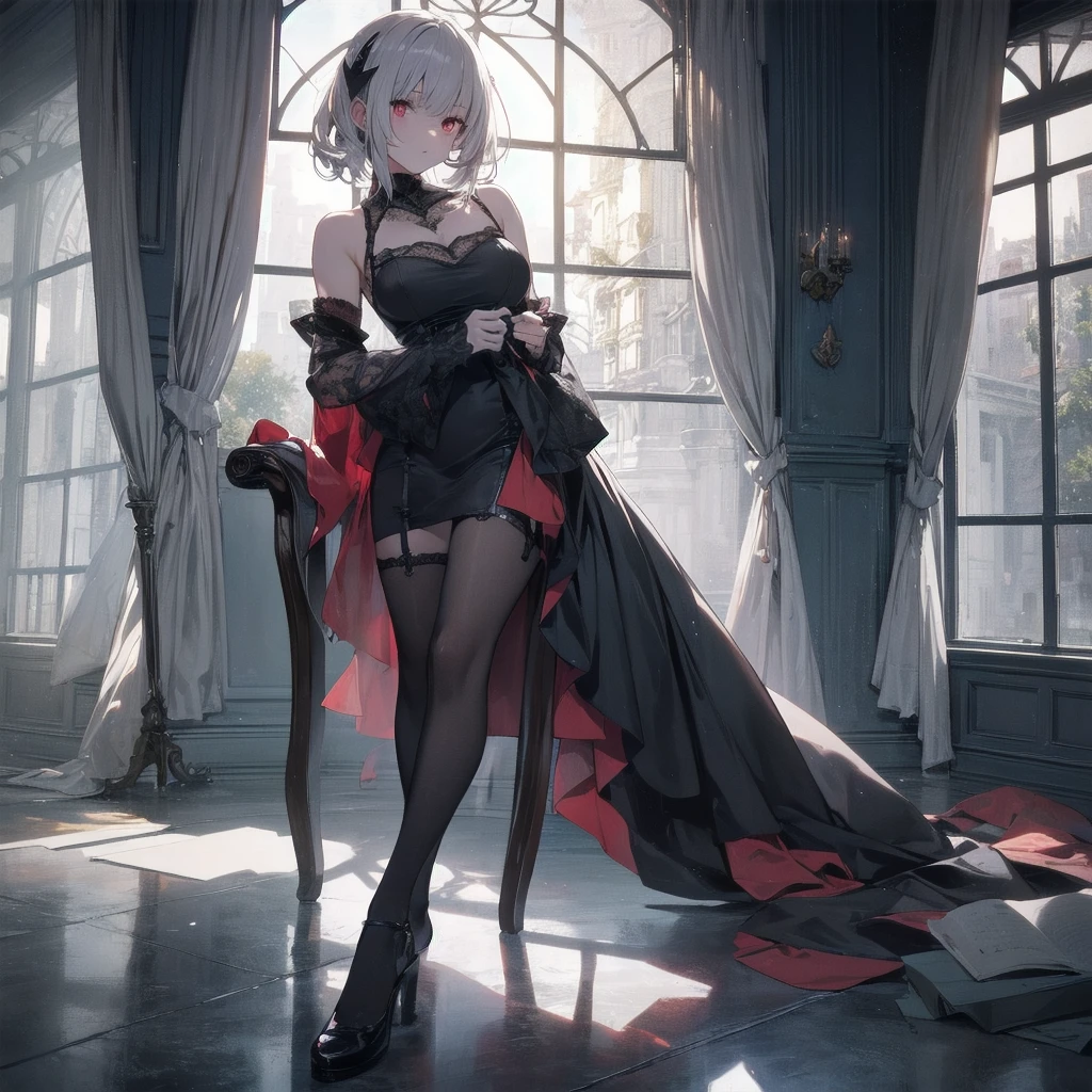 Mature white-haired female vampire，Tall posture，Full body on camera，Sitting on the throne，look down on all beings，Red glowing eyes，Huge multi-layered pupil with color gradient，black lolita outfit，15D black stockings，No shoes，Sit with your legs up，Lean on the arm of a chair，Pupil Highlights，The characters are rich in detail，Delicate facial depiction，Delicate depiction of clothing，Delicate Gestures，Cold shades，Inside the pitch-black castle，Huge floor-to-ceiling glass windows，Icy moonlight lighting，Pitch black interior，Turn away from the light source，Backlight，Image sharpening，Very sharp，Clear lines，16K，Advanced photography，Rich in details