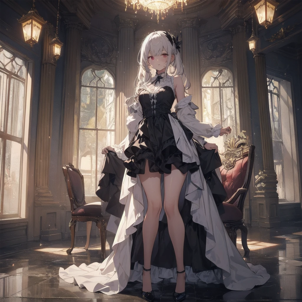 Mature white-haired female vampire,Tall posture,Full body on camera,Sitting on the throne,look down on all beings,Red glowing eyes,Huge multi-layered pupil with color gradient,black lolita outfit,15D black stockings,No shoes,Sit with your legs up,Lean on the arm of a chair,Pupil Highlights,The characters are rich in detail,Delicate facial depiction,Delicate depiction of clothing,Delicate Gestures,Cold shades,Inside the pitch-black castle,Huge floor-to-ceiling glass windows,Icy moonlight lighting,Pitch black interior,Turn away from the light source,Backlight,Image sharpening,Very sharp,Clear lines,16K,Advanced photography,Rich in details