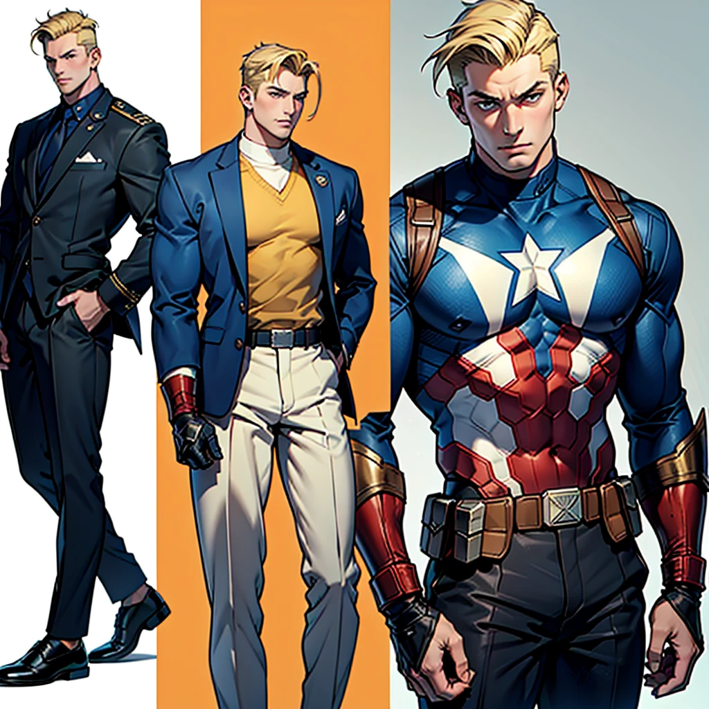 Various drawings in different poses, various face angles, facial expressions of a muscular adult Captain America, short blonde hair in a very light tone, shaved neck. He wears a suit-style outfit with light beige colors., navy blue and white, black pants and black shoes. Using detailed gauntlets. 8 k quality.