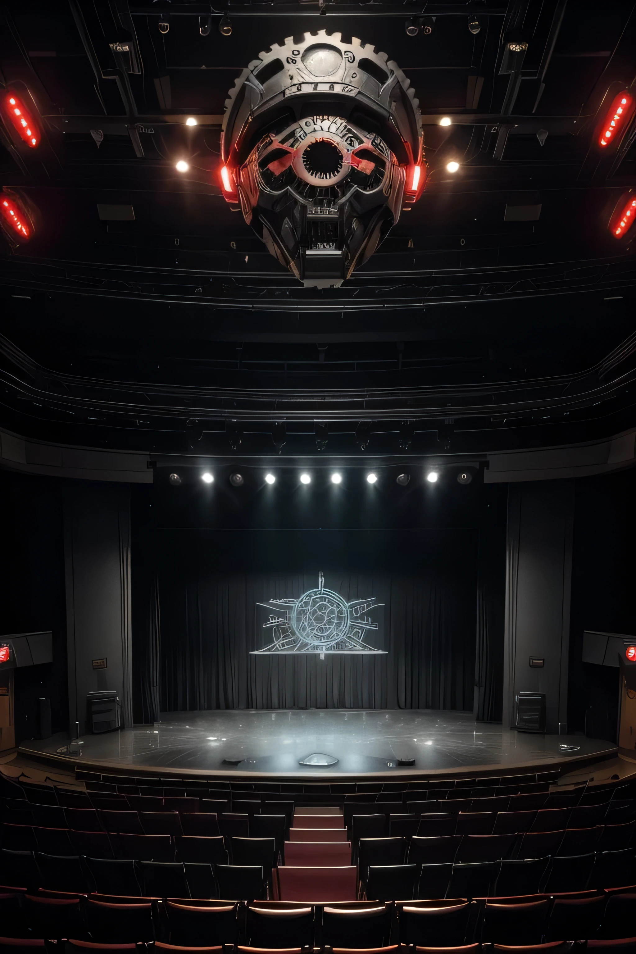 A theater stage with machines wearing masks representing critical thinking, also add elements like gears and old machines, some mask details may be binary code. Use dark colors like black and shades of gray, with possible touches of red for intensity.