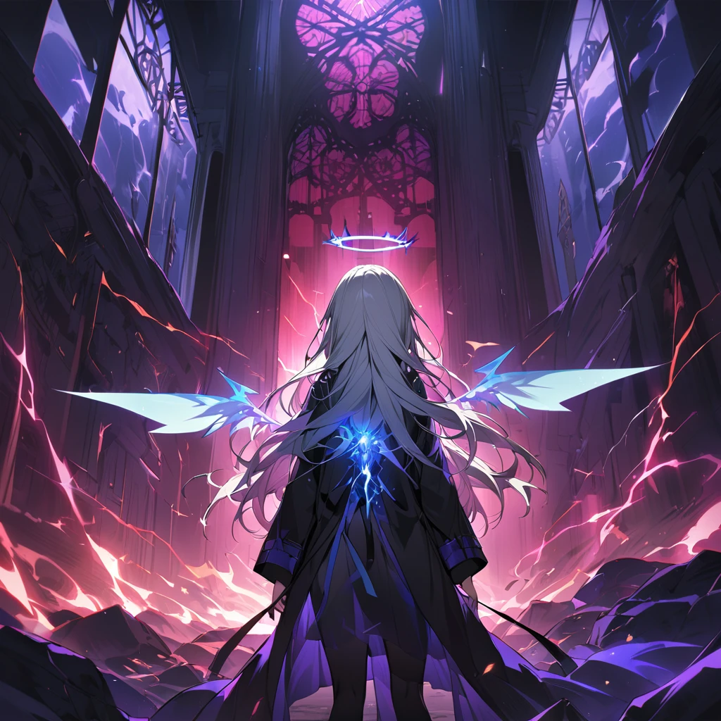 elementary, Shadow Surrounding Girl, lightning, Green Aura, Red aura, Purple aura, Flames surrounding the girl, masterpiece, Dark Theme, Highest quality, Maximum details, Very fine eye, Professional coloring, cinematic lightning, Remaining, Written boundary depth, Backlight, One Girl, Young girl, Silver Hair, Long Hair, Hair between the eyes, Black Halo, Shining blue sea, Blue Flame, Large, black, translucent magical wings on his back, Fantasy-inspired costumes, Black long coat, shirt, Black trousers, Expressionless, heterochromatic eyes, Heterochromia iridis, Violet's left eye, blue right eye, Odd Eye, Glowing Eyes, Show a close-up of your face, Facing forward, Countless magical swords are floating, Slashing Effects