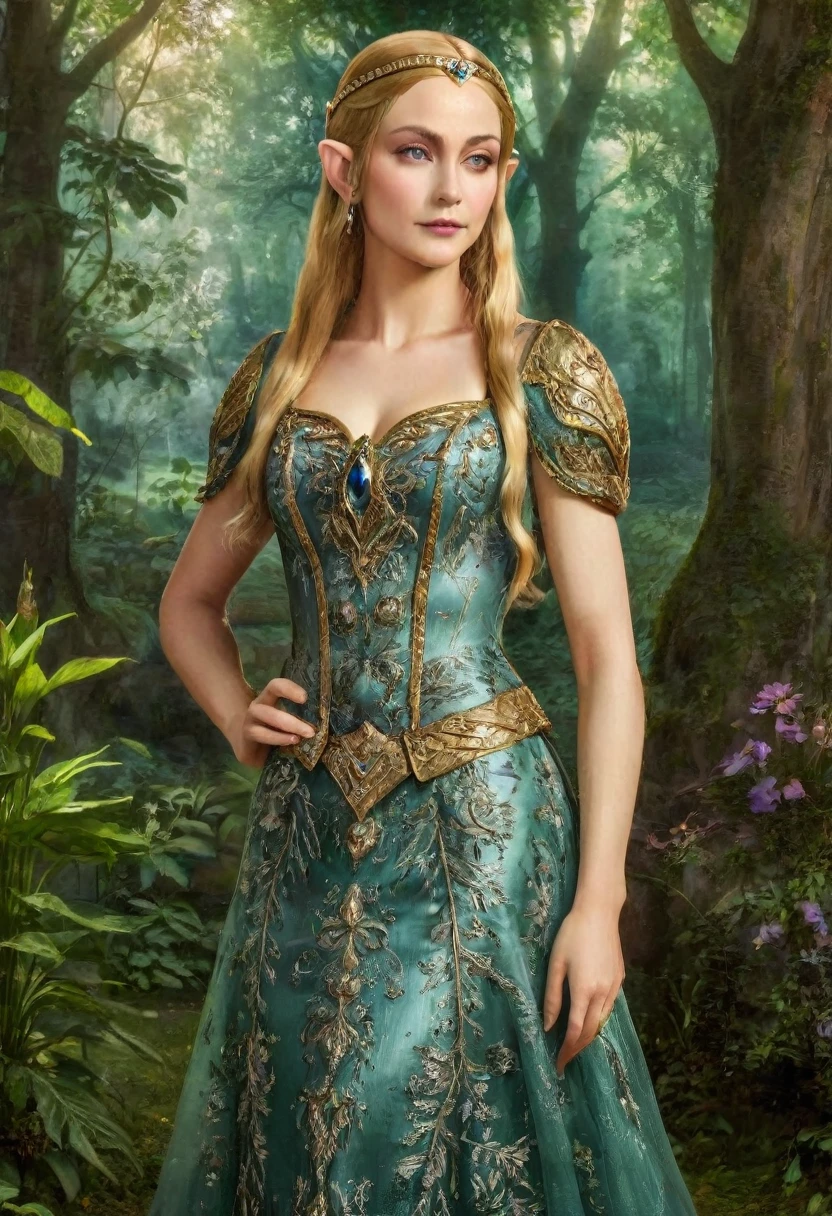 a masterful portrait done by Leonardo De Vinci of Princess Zelda, ((anatomically correct: 1.5)), wearing intricate glamour elven dress,  elven forest background background, Ultra-high resolution, High Contrast, (masterpiece:1.5), highest quality, Best aesthetics), best details, best quality, highres, 16k, [ultra detailed], masterpiece, best quality, (extremely detailed), chumbasket art style, dvnc, evening dress