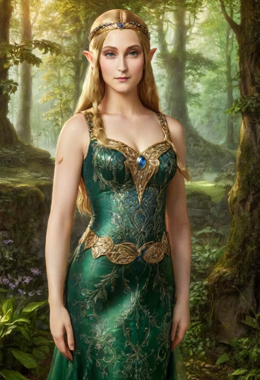 a masterful portrait done by Leonardo De Vinci of Princess Zelda, ((anatomically correct: 1.5)), wearing intricate glamour elven dress,  elven forest background background, Ultra-high resolution, High Contrast, (masterpiece:1.5), highest quality, Best aesthetics), best details, best quality, highres, 16k, [ultra detailed], masterpiece, best quality, (extremely detailed), chumbasket art style, dvnc, evening dress