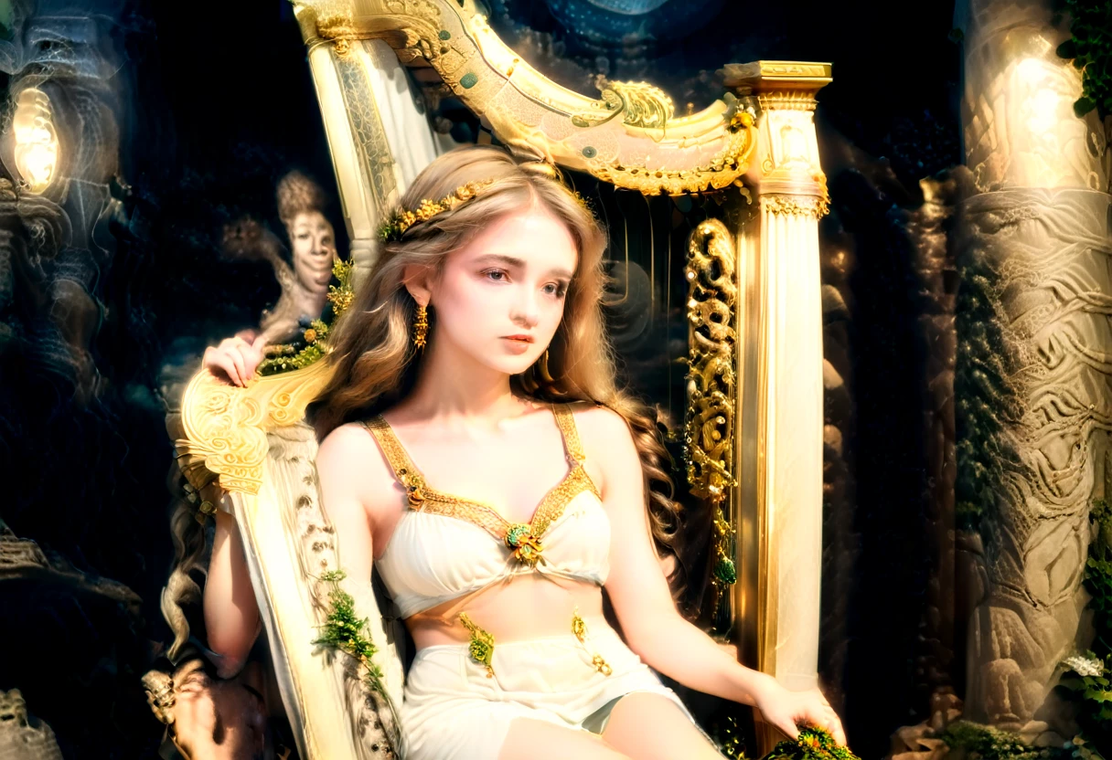 a young priestess, sitting, she places a harp larger than herself in front of him and plays it, playing a large lyre, ancient Greek temple, late at night, inside the temple it is (dark:1.3) and there is (no lighting:1.2), the moonlight shines in at an angle, shining a faint light on her., highly detailed, photorealistic, realistic lighting, intricate architecture, ornate decorations, cool color palette, golden accents, soft fabric textures, mesmerizing expression, elegant pose, cinematic composition, natural lighting, realistic shadows, mystical atmosphere, hyperrealistic, award-winning art