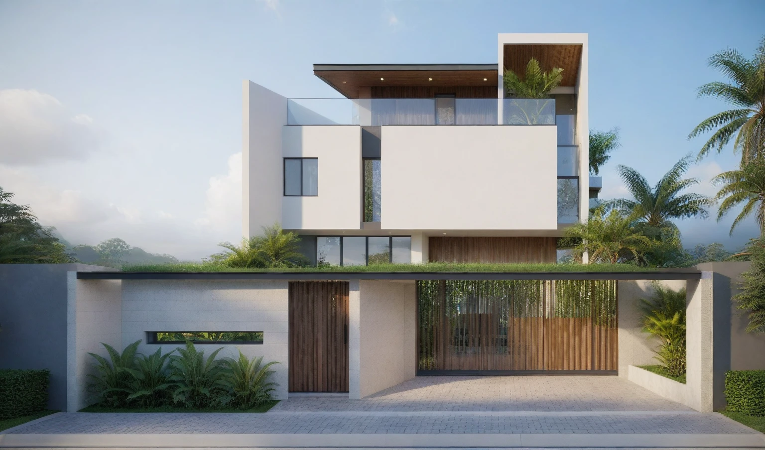 exterior house, contemporary style, white wall, wood wall, steel door, glass window, (realistic:1.2), Masterpiece, high quality, best quality, authentic, super detail, outdoors,road, trees, sky, cloud, (daylight:1.1), modern luxury villa, coconut trees, landscape, along the white beach, clear sky, day time, warm lighting RAW Photo, RAW texture, Super Realistic, 32K UHD, DSLR, soft lighting, high quality, film rating, Fujifilm XT3,Modern, Residential Architecture, car in front of house