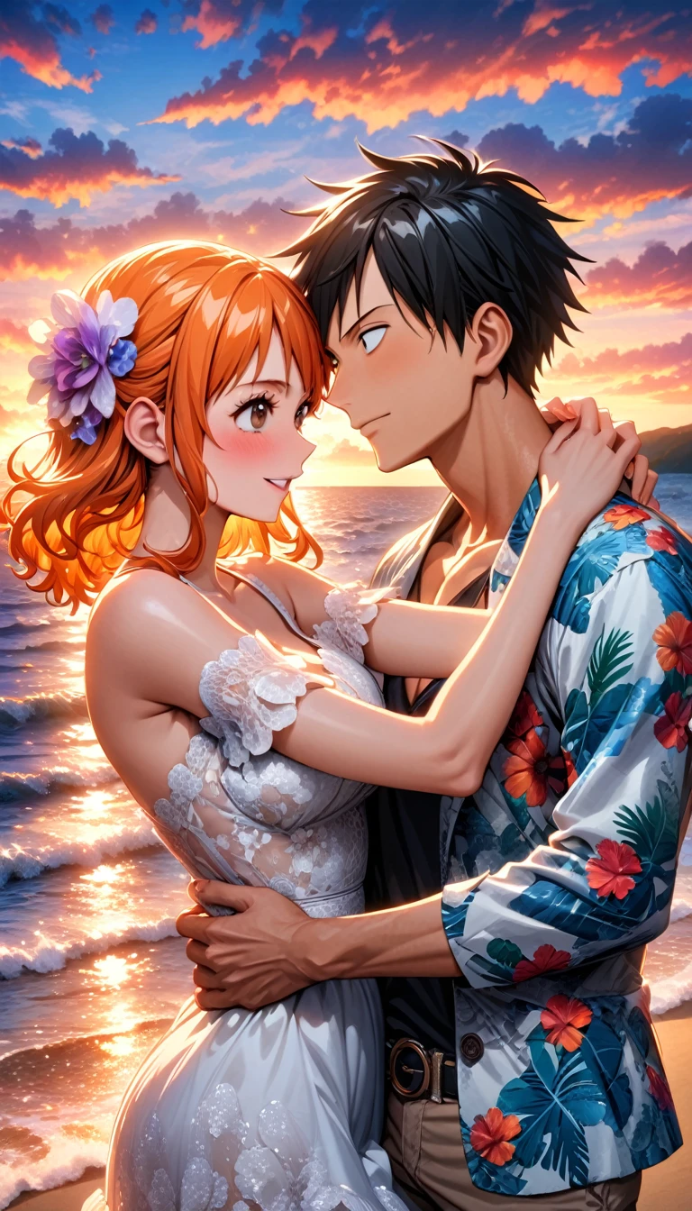 Ultra detailed, highres, absurdres, HDR, master piece, Luffy, expressive black eyes, black hair, Nami, orange long hair, expressive brown eyes, sunset, beach, a handsome man together with a beautiful woman, couple, love, One Piece, extremely beautiful, very detailed face and eyes, water, summer, best quality, happy, white wedding clothes