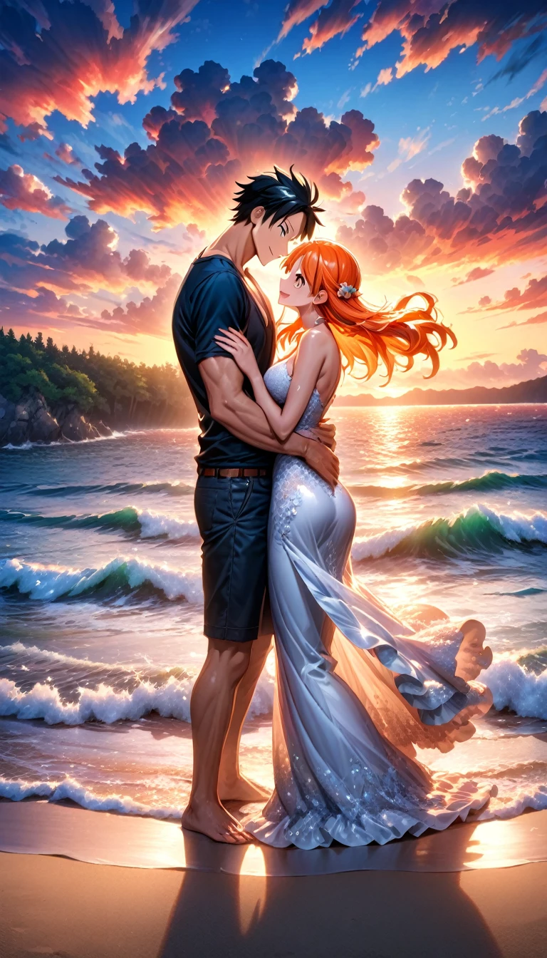 Ultra detailed, highres, absurdres, HDR, master piece, Luffy, expressive black eyes, black hair, Nami, orange long hair, expressive brown eyes, sunset, beach, a handsome man together with a beautiful woman, couple, love, One Piece, extremely beautiful, very detailed face and eyes, water, summer, best quality, happy, white wedding clothes