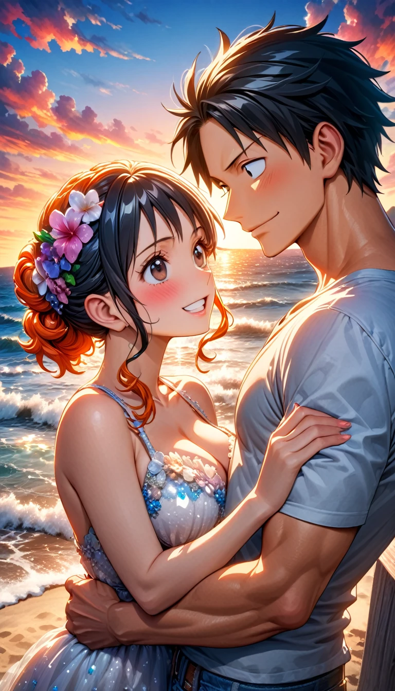 Ultra detailed, highres, absurdres, HDR, master piece, Luffy, expressive black eyes, black hair, Nami, orange long hair, expressive brown eyes, sunset, beach, a handsome man together with a beautiful woman, couple, love, One Piece, extremely beautiful, very detailed face and eyes, water, summer, best quality, happy, white wedding clothes