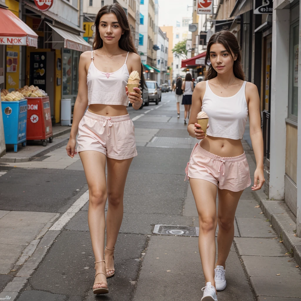 beautiful girl, walking down the street in summer, eating ice cream