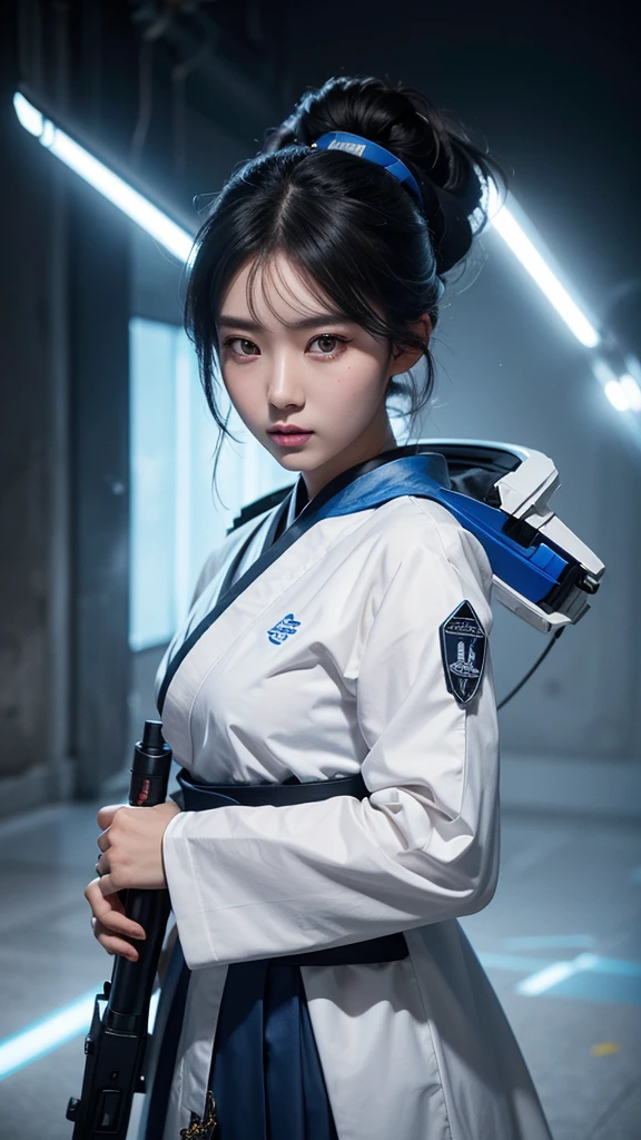 Girl, traditional hanbok, holding plasma rifle, futuristic plasma rifle, contrast between traditional and futuristic, determined expression, confident pose, beautiful detailed eyes, beautiful detailed lips, extremely detailed face, longeyelashes, hyperrealistic, 8k, photorealistic, cinematic lighting, dramatic lighting, vibrant colors, intricate details, masterpiece, digital painting