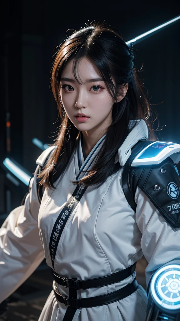 Girl, traditional hanbok, holding plasma rifle, futuristic plasma rifle, contrast between traditional and futuristic, determined expression, confident pose, beautiful detailed eyes, beautiful detailed lips, extremely detailed face, longeyelashes, hyperrealistic, 8k, photorealistic, cinematic lighting, dramatic lighting, vibrant colors, intricate details, masterpiece, digital painting