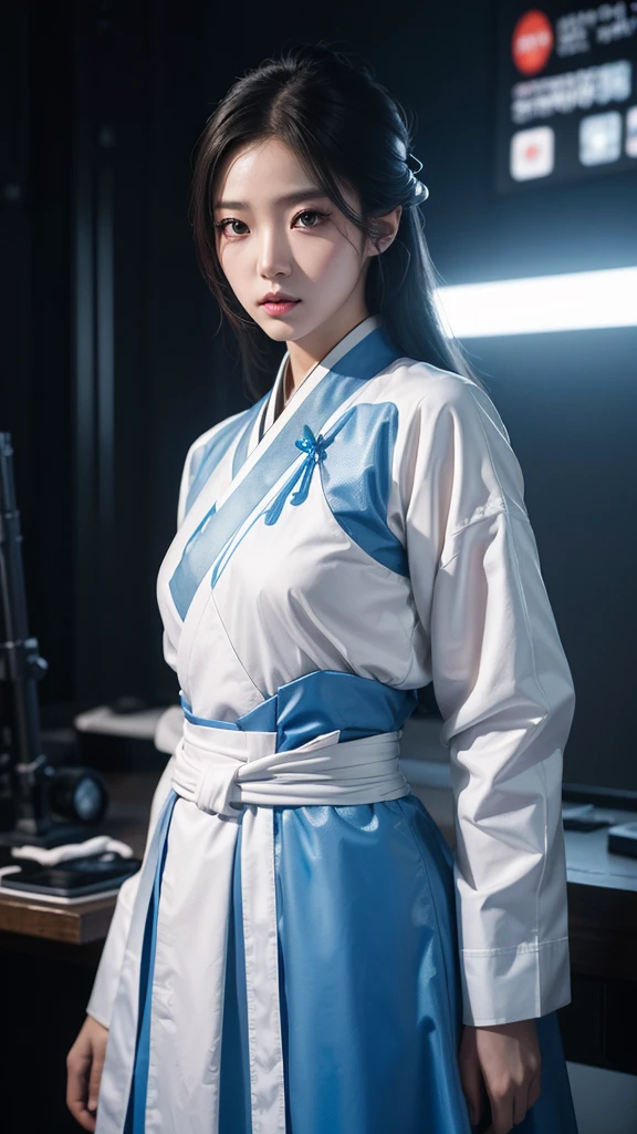 Girl, traditional hanbok, holding plasma rifle, futuristic plasma rifle, contrast between traditional and futuristic, determined expression, confident pose, beautiful detailed eyes, beautiful detailed lips, extremely detailed face, longeyelashes, hyperrealistic, 8k, photorealistic, cinematic lighting, dramatic lighting, vibrant colors, intricate details, masterpiece, digital painting