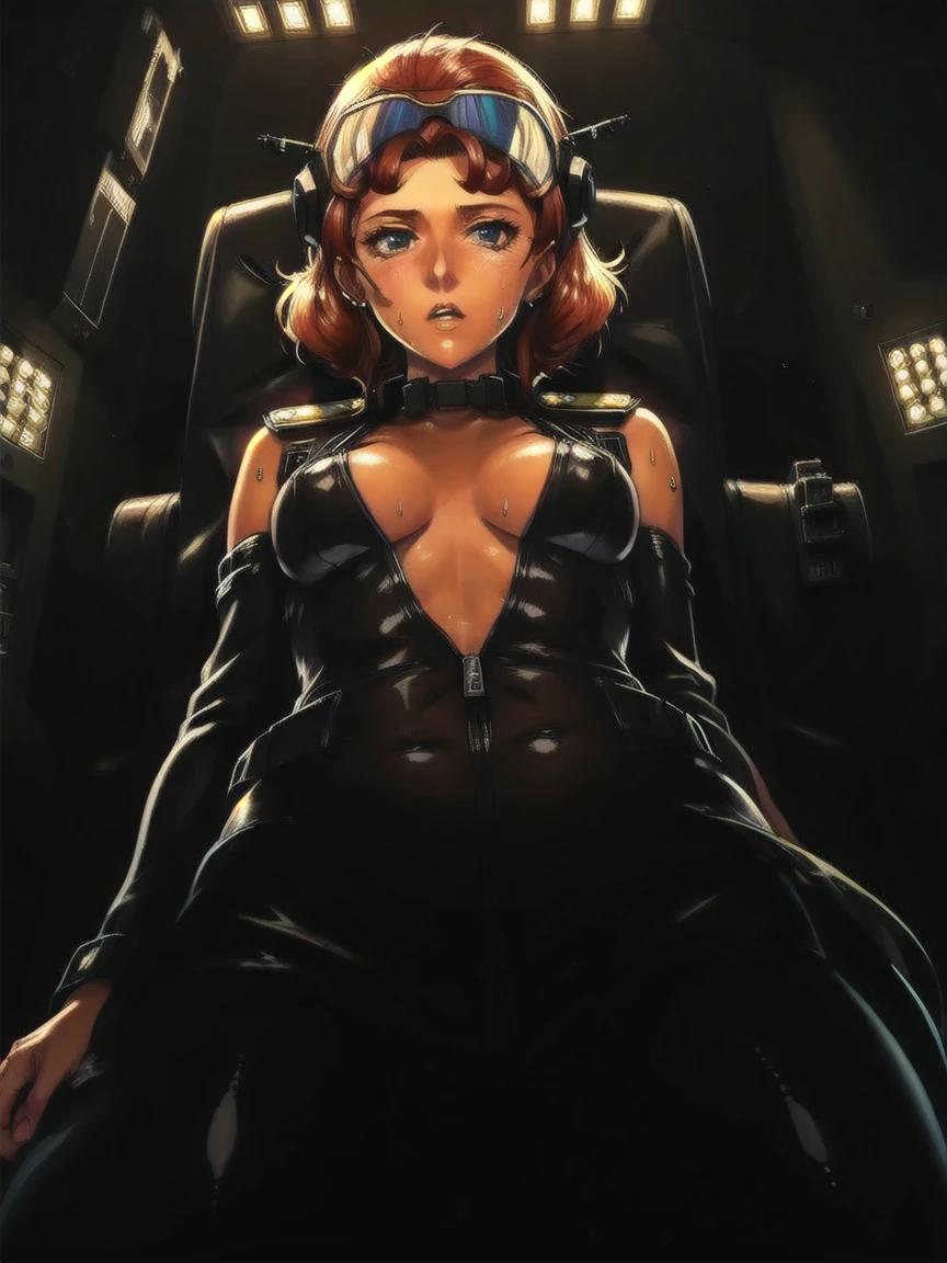 ((gothic vampire piloting in gothic spacecraft)), (((retro anime))), (from below), ((120 fov)), ((((gothic)) control panels)), ((mature)), (((gothic))), iridescent bodysuit, ((lace accessories)), ((pilot seat)), ((((lying back)) pose)), ((elegant)), (((serious tone))), ((cockpit top control panel)), intricate control panel details, (close-up), 1990s (style), [blushing], [sweat], masterpiece, ((claustrophobic)), sparkles, best quality, screens, ((pilot helmet)), ((hands on controls)), night, (cockpit lights)