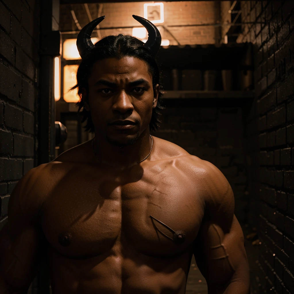 Anime, muscular black thug with demon horns, (The background is the dark night in the alley with some neon signs)