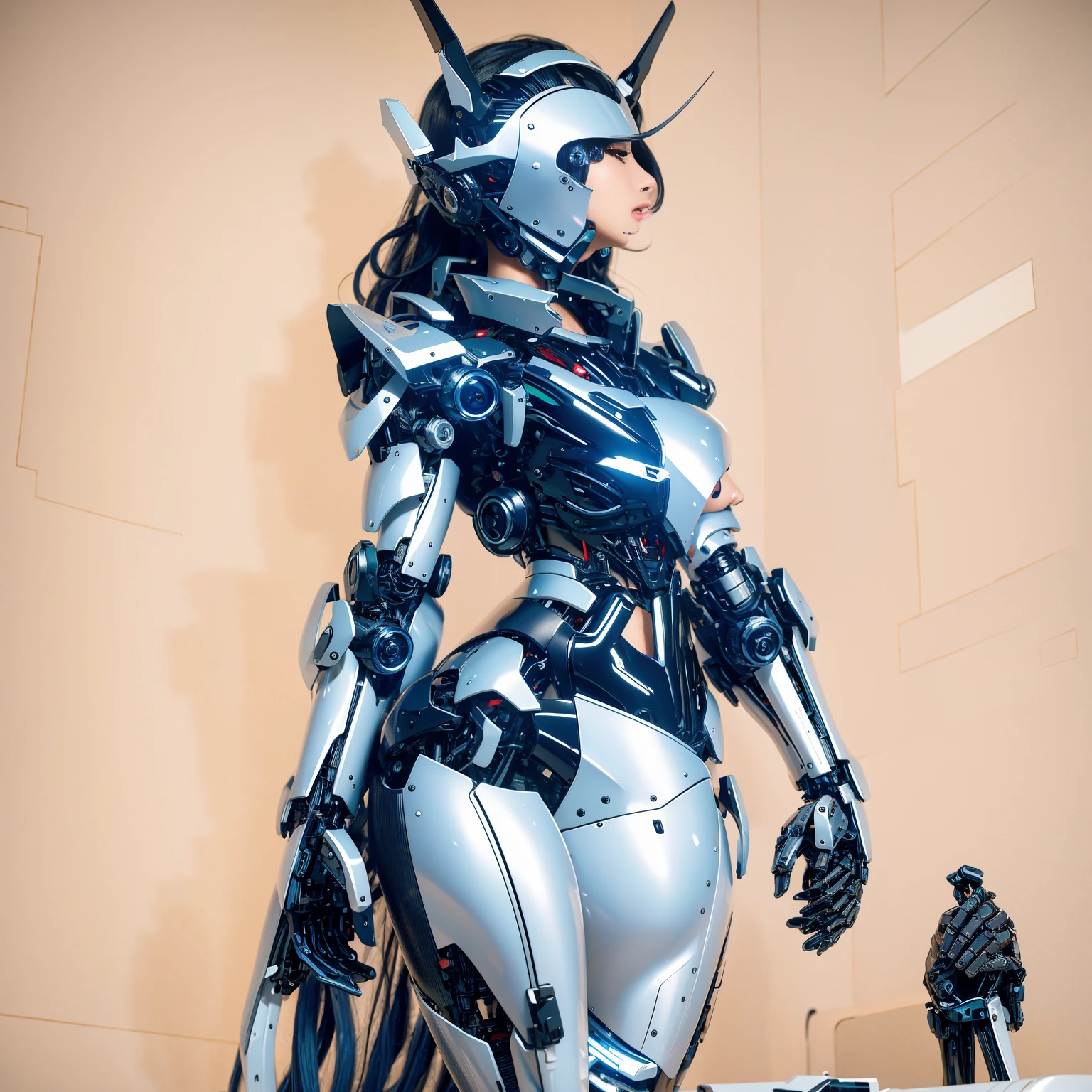 Outstanding,Super Detail, High Detail, high quality, best quality, High resolution,1 female robot,Beautiful female robot,beautiful clear face(Rain waves_haneame:1.5),Mechanical body(Smooth metal surface,armor,Mechanical seams of skin,beautiful body curves),High-tech mechanical armor(Same color as the picture,Mechanical Technology,Highlight breast contour)