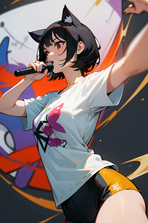 anime style,artistic, masterpiece,best quality, dsuper fine illustration, super detailed, dynamic angle,8k,detailed background,in live stage, (BREAK a female is singing . She is wearing {a white T-shirt with a graffiti art-style cat illustration}.)Break very short hair,flat chest,black hair,red-eyes,holding エレキギター