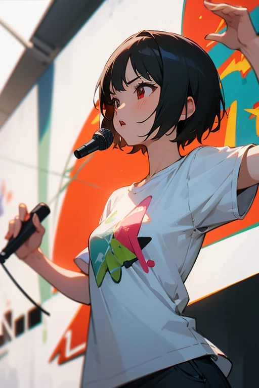 anime style,artistic, masterpiece,best quality, dsuper fine illustration, super detailed, dynamic angle,8k,detailed background,in live stage, (BREAK a female is singing . She is wearing {a white T-shirt with a graffiti art-style cat illustration}.)Break very short hair,flat chest,black hair,red-eyes,holding エレキギター