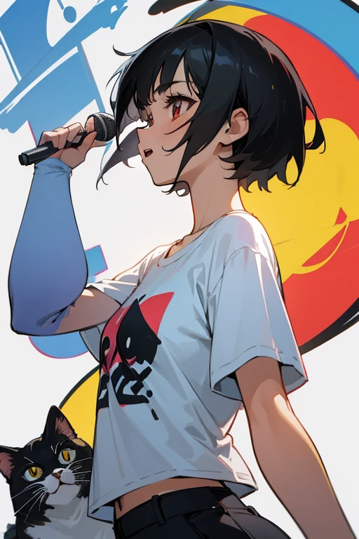 anime style,artistic, masterpiece,best quality, dsuper fine illustration, super detailed, dynamic angle,8k,detailed background,in live stage, (BREAK a female is singing . She is wearing {a white T-shirt with a graffiti art-style cat illustration}.)Break very short hair,flat chest,black hair,red-eyes,holding エレキギター