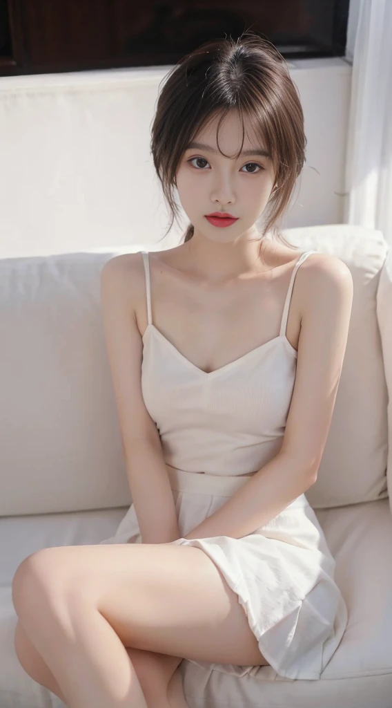 Masterpiece, Ultra-realistic quality, (1 girl), (Young woman), Chinese girl, (Mature face), face clean, Realistic face, (Perfect face), Delicate face, Fair skin, sitting in the couch, Long legs, (curly), Short hair, Brown hair, with hands resting on knees, Sling, No bra, (average breasts) ,( exposed), No panties, (( Minola)),(has cleavage), Mini dress, (White skirt) HD quality, Realistic picture quality, Real Human, Long legs, Ultra HD rendering, Accurate, Textured skin, High detail, High quality, Very detailed, high resolution, 8K, Photo, Photography, ridiculous