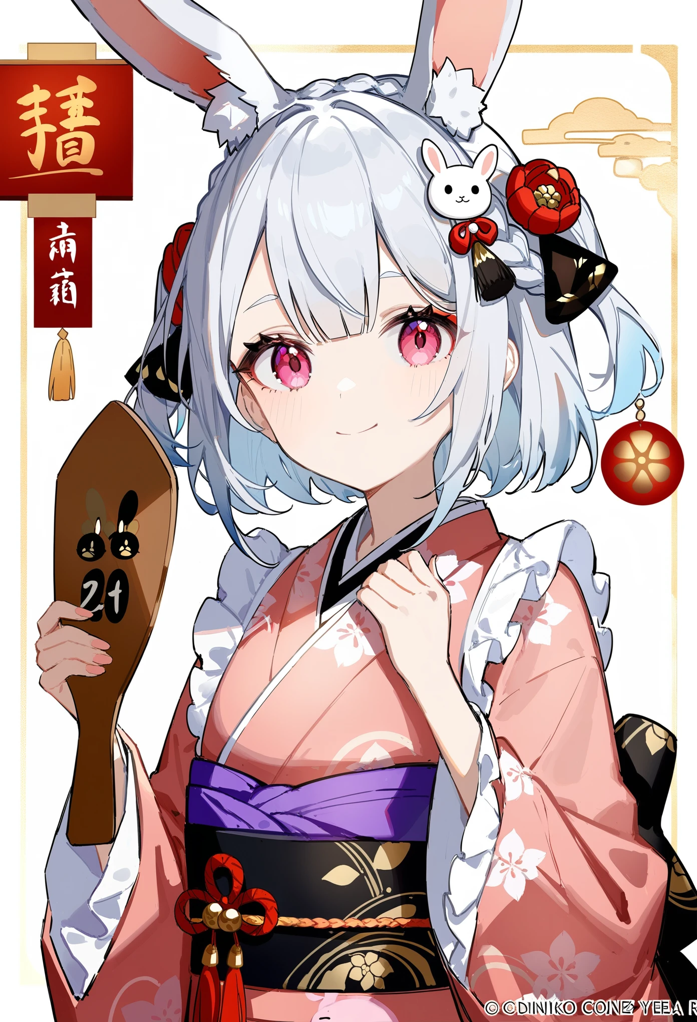 1girl, ciloranko:1.1, noyu \(noyu23386566\), (z282g:1.3), official art, absurdres, best quality, perfect anatomy, attractive, animal, animal ear fluff, animal ears, braid, chinese zodiac, closed mouth, frilled sleeves, frills, grey hair, hagoita, hair ornament, hands up, holding, japanese clothes, kimono, long sleeves, looking at viewer, nengajou, new year, obi, paddle, pink eyes, pink kimono, rabbit, rabbit ears, rabbit hair ornament, sash, smile, solo, two side up, wide sleeves, year of the rabbit