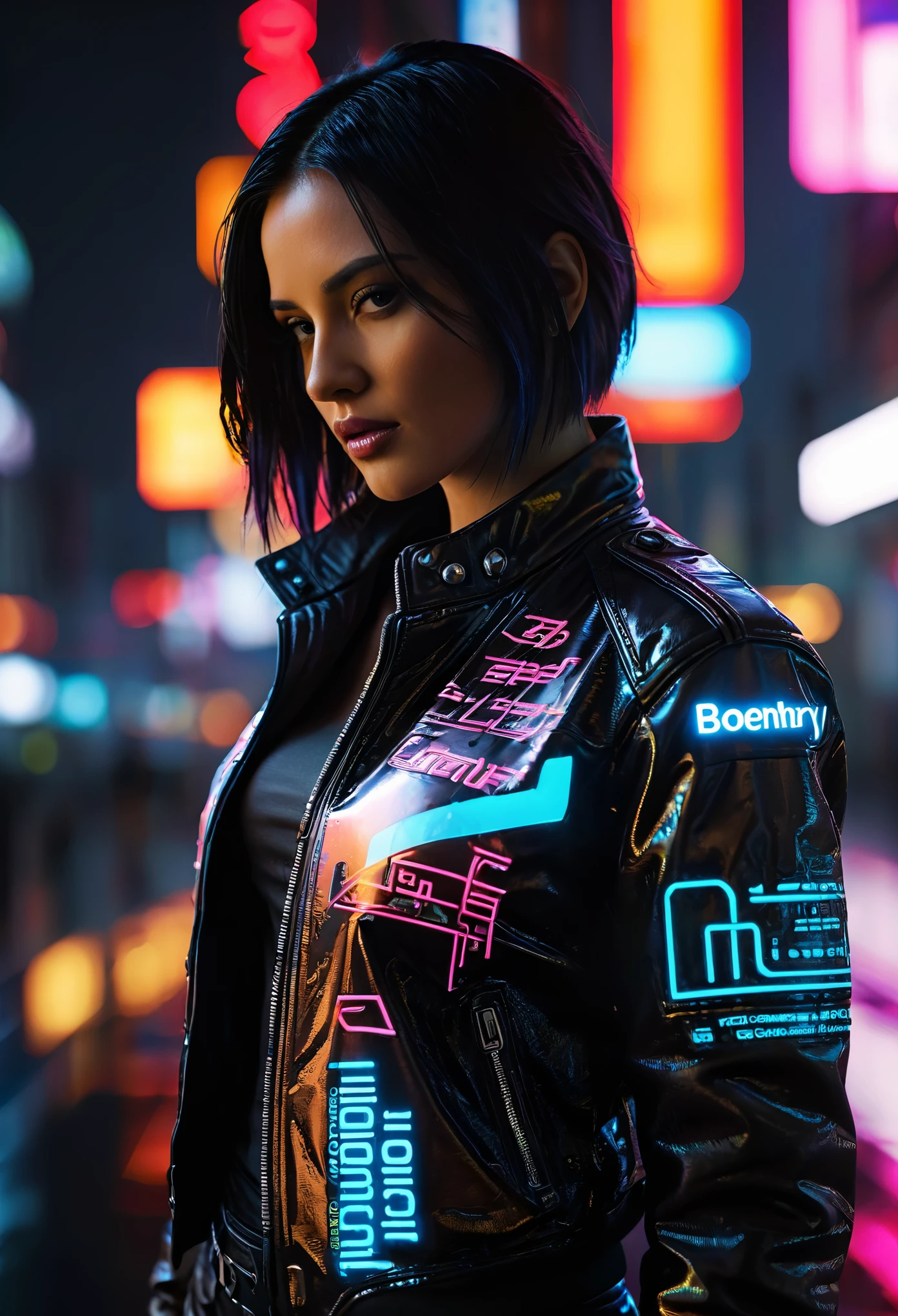 Ultra-realistic, Realistic texture, Dramatic lighting, (Highest quality:1.1), Depth of written boundary, at night, In a futuristic cyberpunk city, High resolution, shallow Depth of written boundary, Wide light, High Contrast, Backlight, bloom, The light shines, chromatic aberration, Sharp focus, Futuristic clothing, leather jacket, Beauty 512, In the middle, 