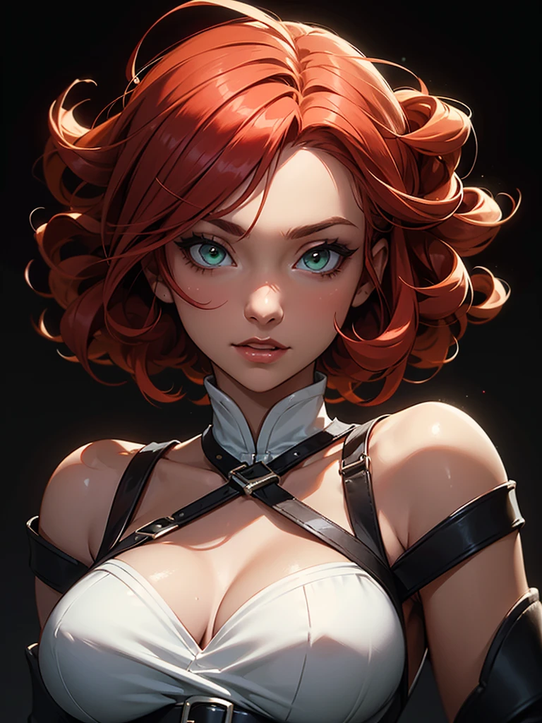 ((Portrait Photo)), She has an Innocent and Dreamy Redhead Appearance, with a Curvy Build, Fair Skin and Thick Breasts. She Expresses a Curious and Confused Look, Giving Off a Happy and Clueless Attitude. She has Wide, Green Eyes, and Her Hair is Short and Curly, Vibrant Red, Floating Slightly Around Her Head. She is Wearing a White Blouse with an Open V-Neckline and a Belt Under Her Chest, Which Emphasizes Her Thick Breasts. ((Portrait Photo, HDR, Dark Background))