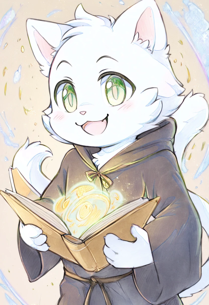 Cover，high resolution，Top quality，best quality，Paid rewards available，juvenile，middle Ages，Cats，male，White fur，Green eyes，tilt head slightly，Smile，The corners of the mouth slightly raised，Handsome，cute，Soft natural light，individual，Black robe，magic，Holding a book，Wearing a robe，Pencil drawing style