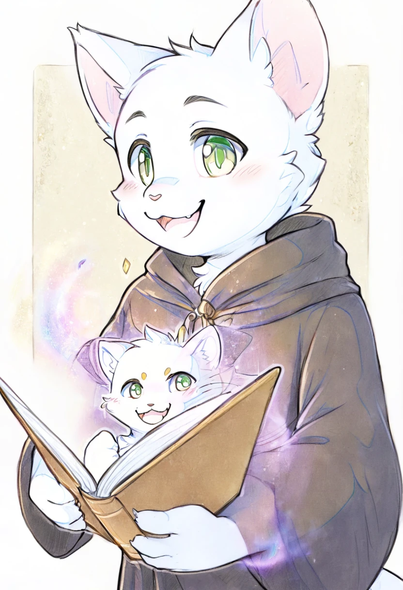 Cover，high resolution，Top quality，best quality，Paid rewards available，juvenile，middle Ages，Cats，male，White fur，Green eyes，tilt head slightly，Smile，The corners of the mouth slightly raised，Handsome，cute，Soft natural light，individual，Black robe，magic，Holding a book，Wearing a robe，Pencil drawing style