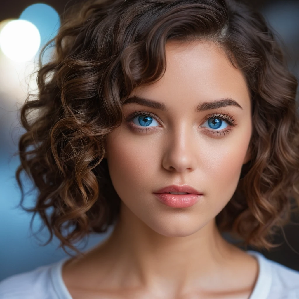 realistic, detailed, realistic details, intricate detail, break,, 1girl, solo, latina, brunette, extremely beautiful, cute, detailed face, detailed skin complexion, beautiful blue eyes, parted lips, seductive, medium hair, , break,, simple background,, break,, portrait, f1.4/35mm, perspective, depth of field, proportion, focus on face, blurry background, bokeh, sharp focus, depth and dimension, proportion, rule of third, break, verry realistic, curly hair
